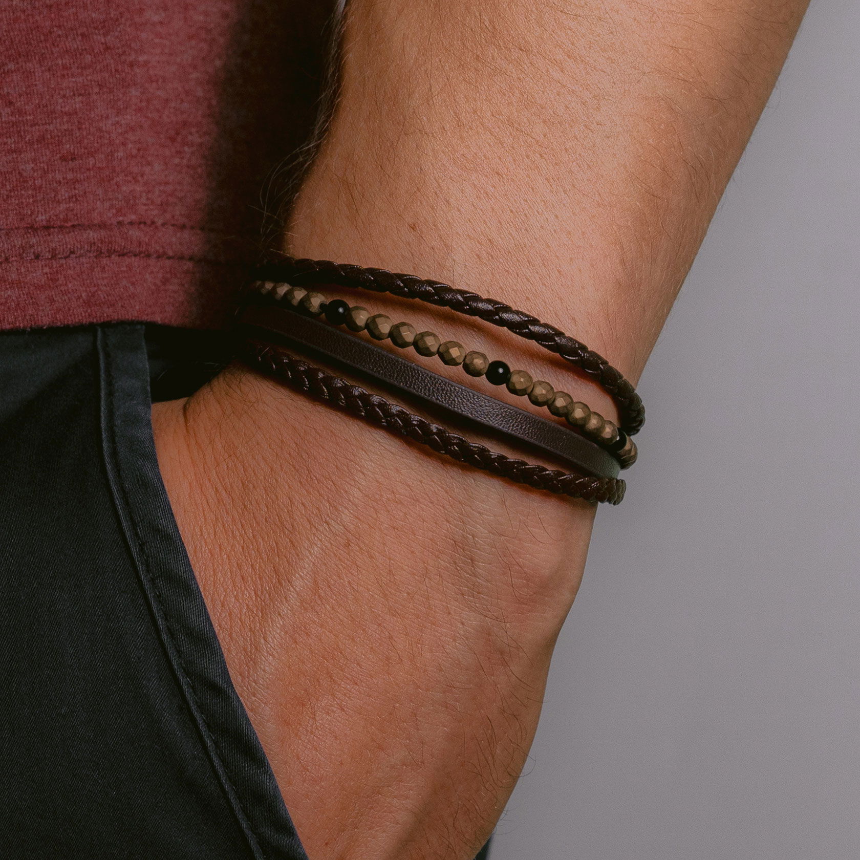 Lederarmband mit Hematite/Onyx Perlen