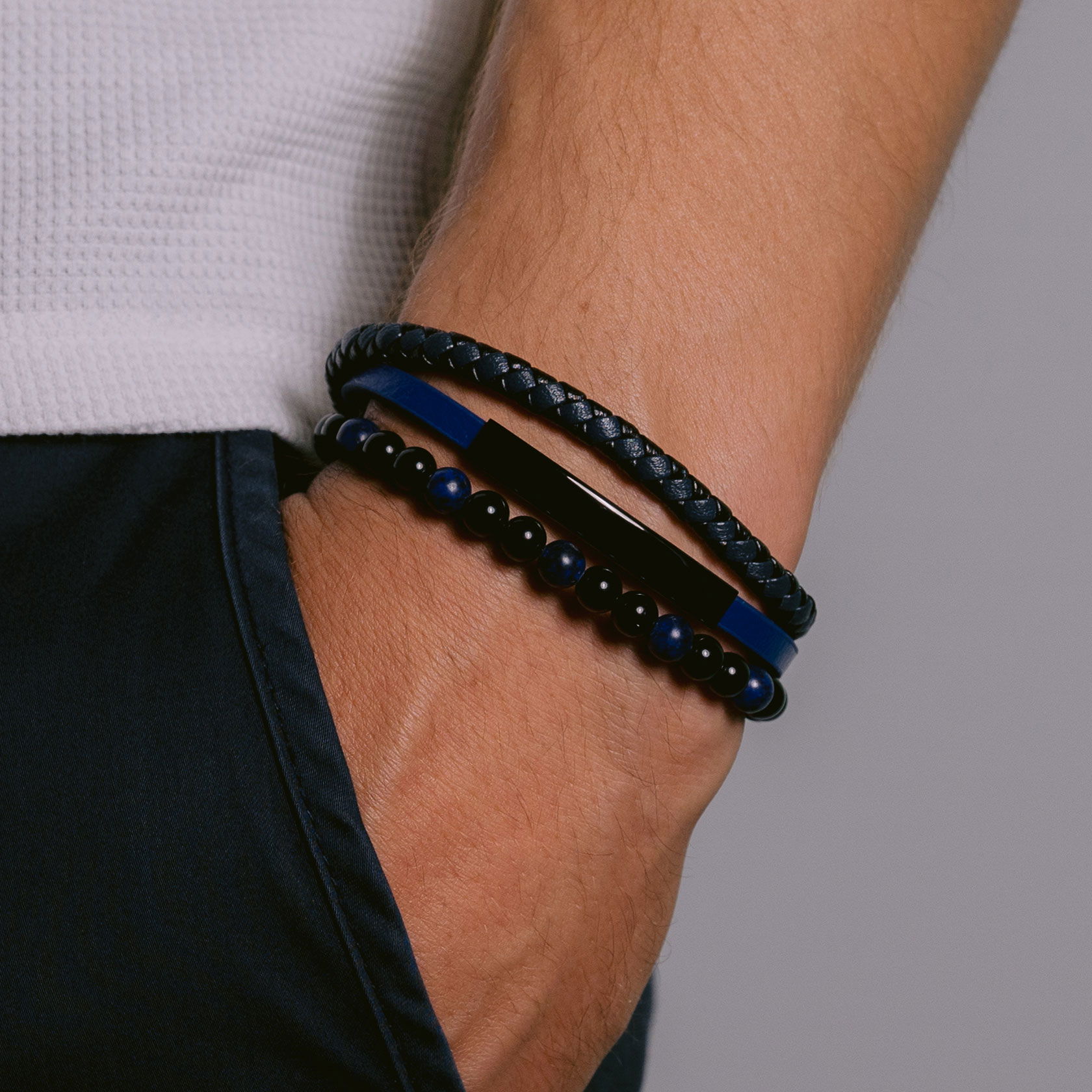 Lederarmband mit Onyx/Lapislazuli