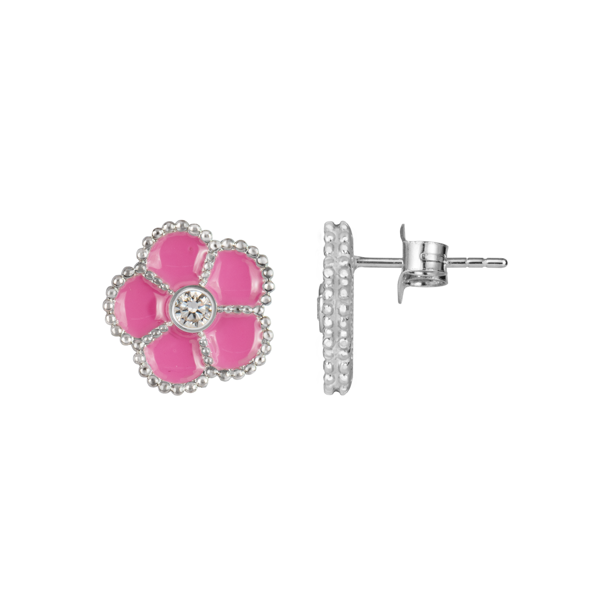 Ear Stud "Flower" Sterling Silver With Enamel/Topaz